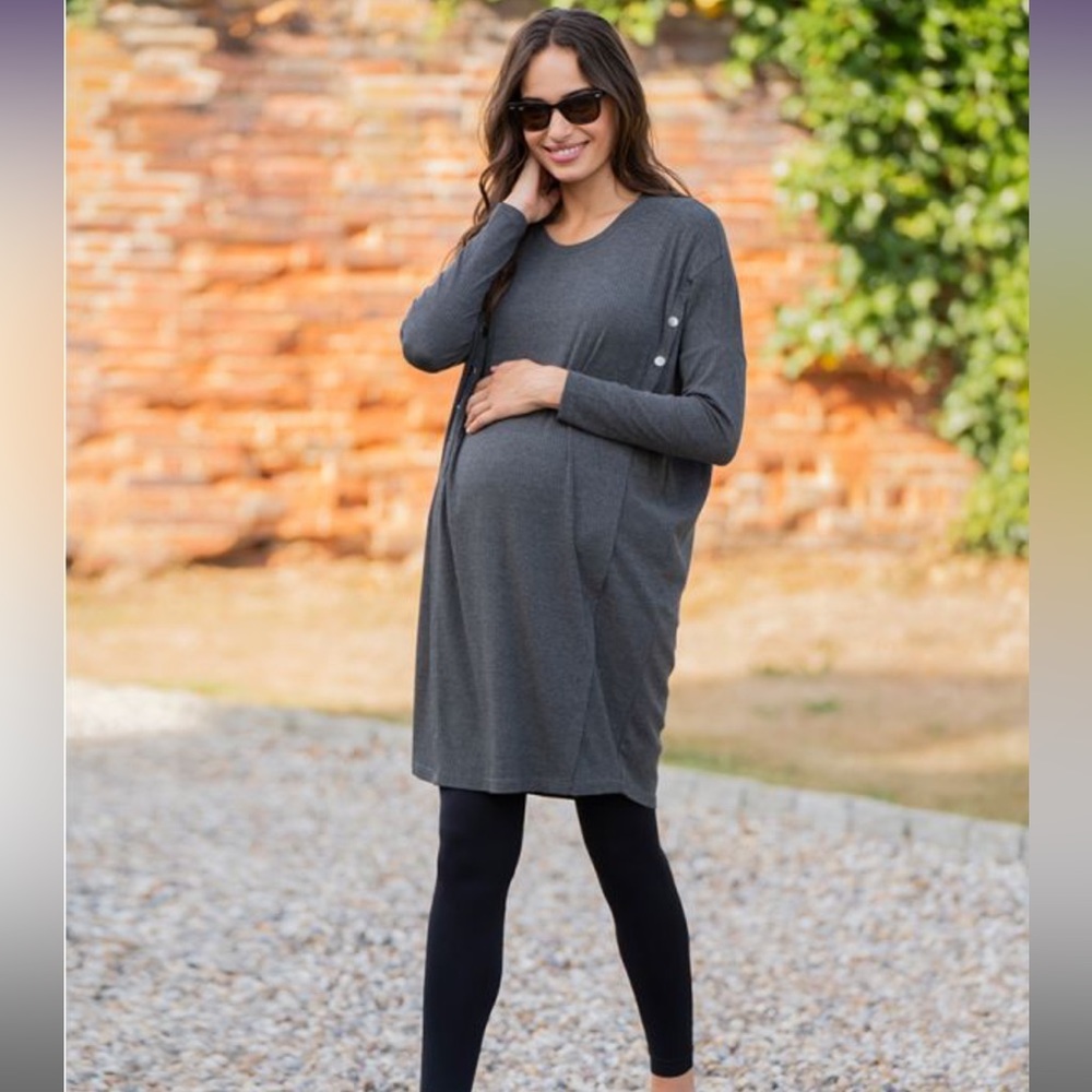 Seraphine Easy Fit Ribbed Jersey Maternity & Nursing Dress in dark gray - XS